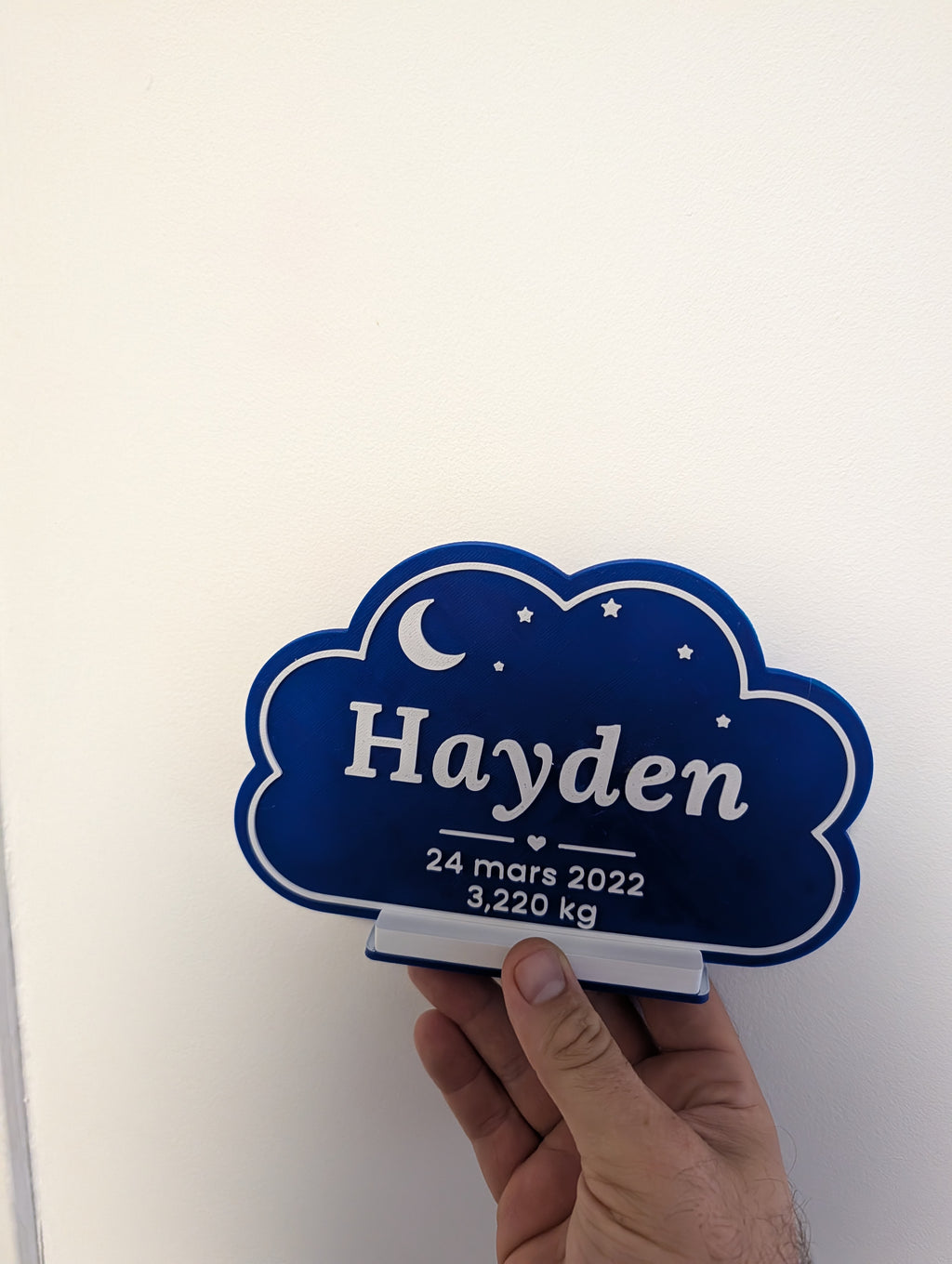 Plaque de naissance nuage bleu et blanc imprimée en 3D, lune et étoiles